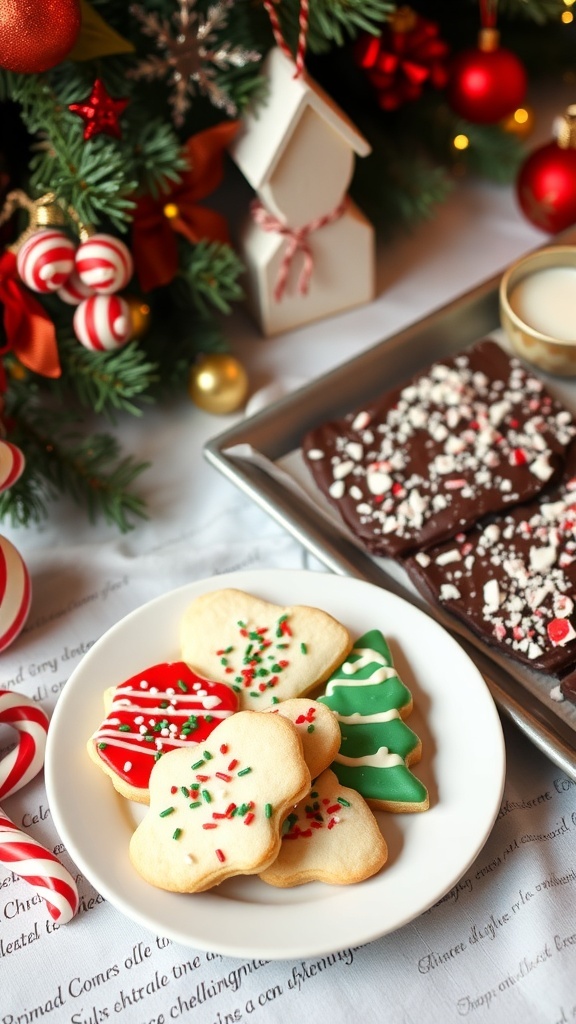 Simple Christmas Dessert Recipes A plate of decorated sugar cookies and chocolate peppermint bark on a festive table.